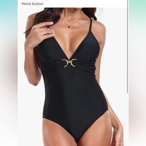 Black One-Piece Swimsuit with Gold Accent